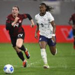 USWNT Forward, Jaedyn Shaw, With the Ball Against Canada as They Face Each Other Again in the 2024 SheBelieves Cup Final